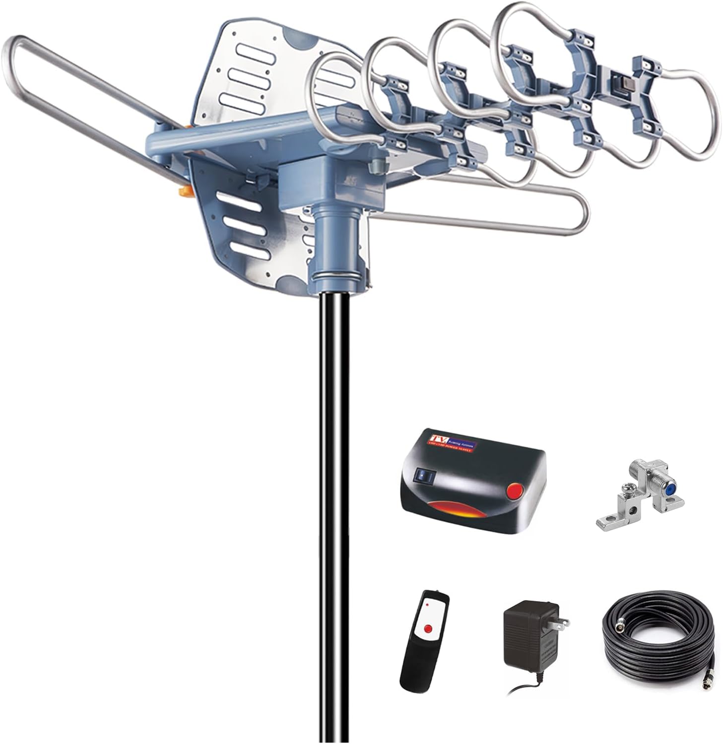2026 Digital TV Antenna Outdoor with Amplifier for Free TV Local Channels - Long Range Smart TV Outdoor Antenna Support 2 TVs, ATSC 3.0 Antenna 360° Motor Rotor with Remote Control, Weatherproof