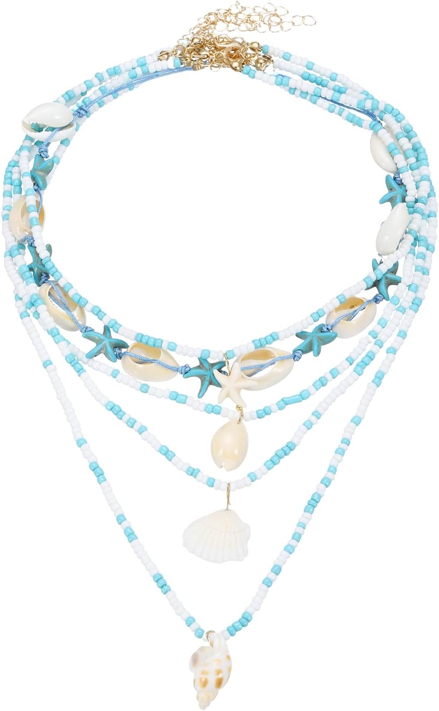 MECCANIXITY Sea Shell Necklace for Women, Handmade Summer Bead Beach Shell Charm Starfish Bead Necklace Layered Adjustable Boho Beach Jewelry for Vacation Gift (Blue, Pack of 5)