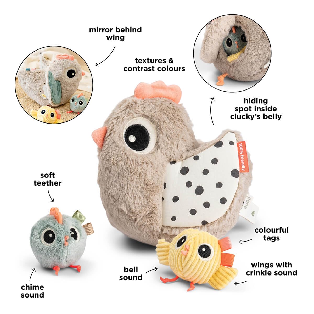 Done by Deer Juego de Ocultación y Descubrimiento – Clucky – Arena | Juego Sensorial y de Motricidad para Bebés a Partir de 6 Meses | Con Pollitos, Espejo y Mordedor | Fomenta la Motricidad Fina y la