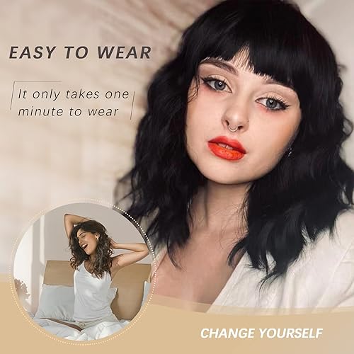 Miniatura 4 de Nnzes Peluca rubia con flequillo para mujer, longitud al hombro, ondulada, encantadora, pelucas sintéticas con cabello rizado natural resistente al