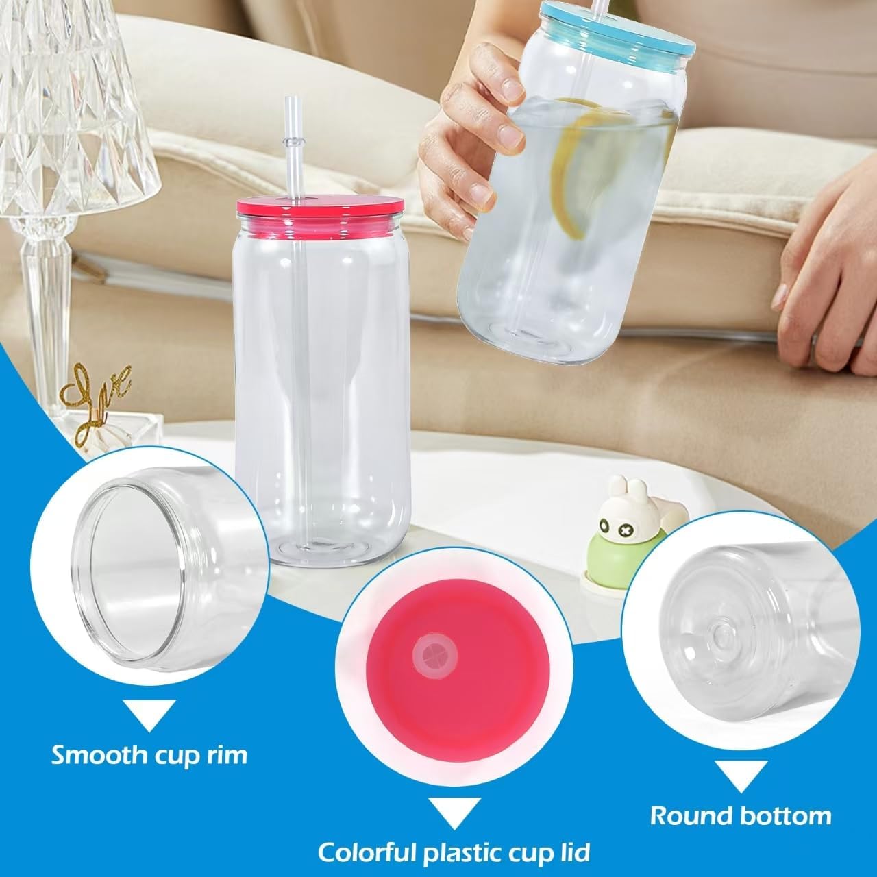 50 Pack 16oz Acrylic Mason Jars, Plastic Mason Jar Drinking Cups with Colorful Lids and Straws, Clear Iced Coffee Cups, Unbreakable Plastic Tumblers, Reusable Beverage Bottle for Beer, Coffee, Juice