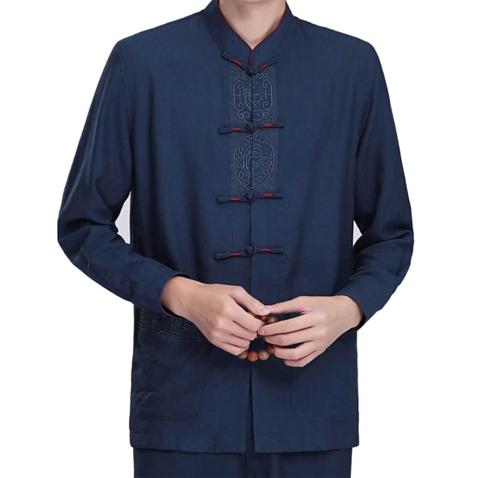 Maschile Cinese da Ricamo Tradizionale Costume a Manica Lunga Arte Marziale Kung Fu Tops Abbigliamento Performance Red-L