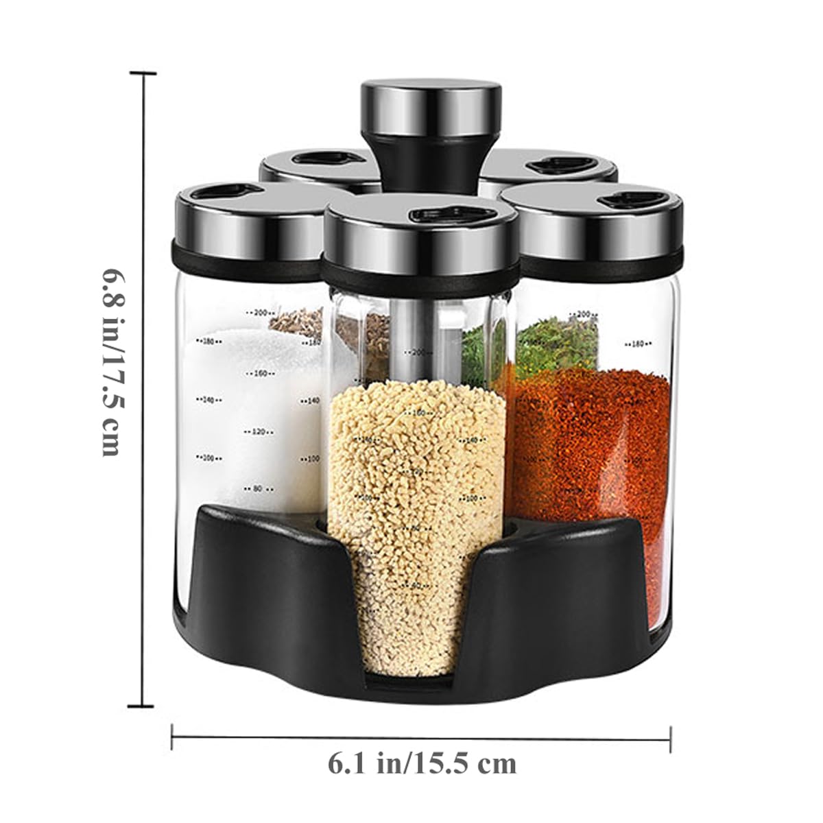 Juego de 5 saleros y pimenteros de vidrio para condimentos, con soporte organizador giratorio de 360 grados, estante de especias, organizador de condimentos para encimera de cocina (200 ml)