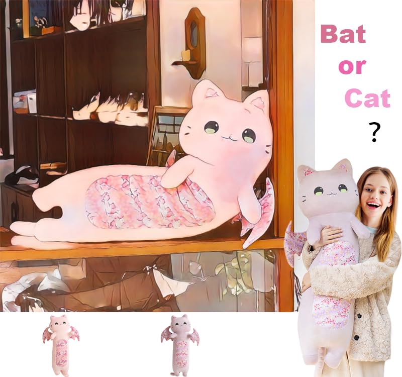 Image of Long Bat Cat Plush Body Pillow Super Soft Stuffed Pink Kitten with Wings,Fluffy Bat Kitty Plushie Big Toy Gifts /23.6''