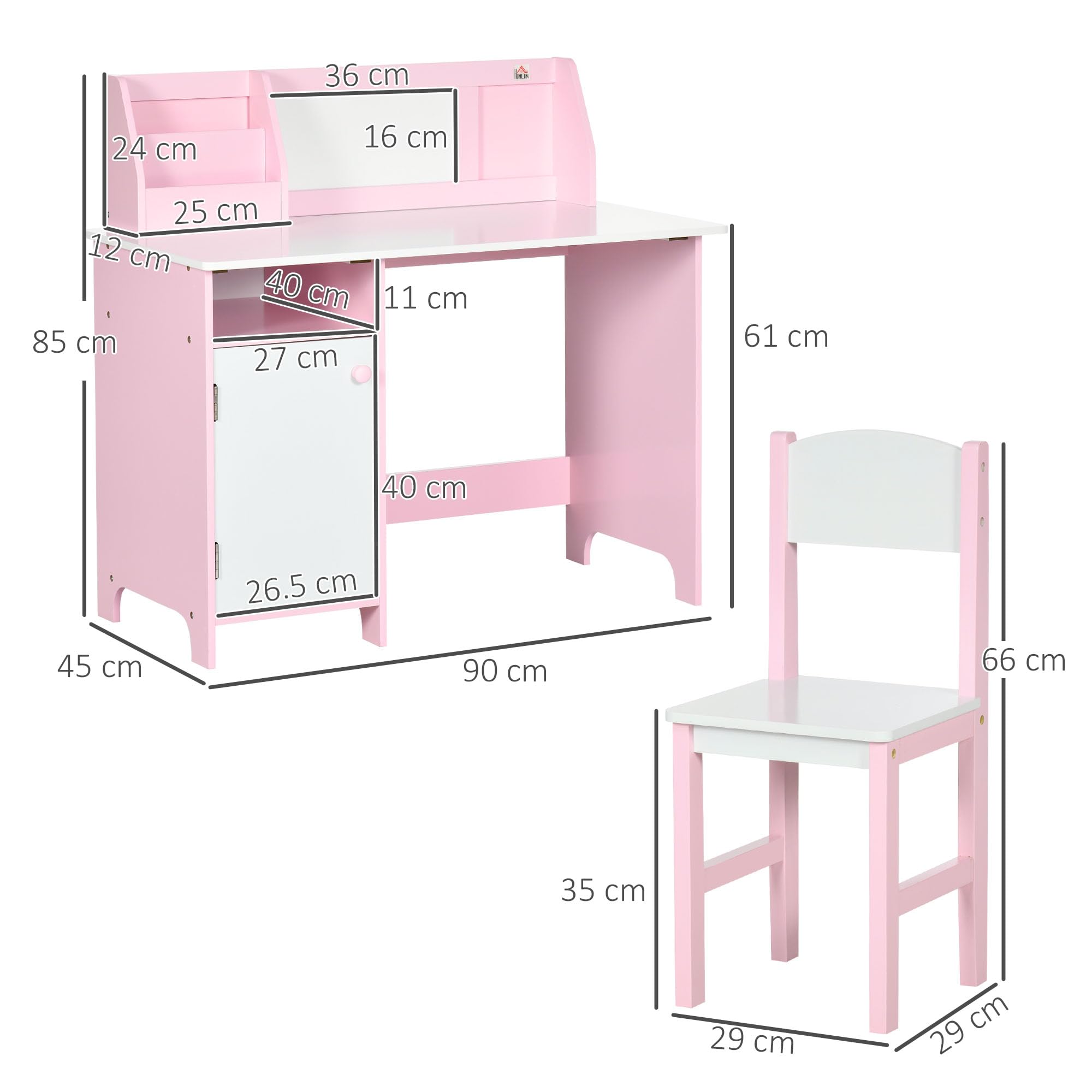 HOMCOM Set Tavolo e Sedie per Bambini 5-8 Anni in Legno con Banco Scuola, Set di Mobili per Bambini con Spazio Portaoggetti e Lavagna Bianca e Sedia, Bianco e Rosa