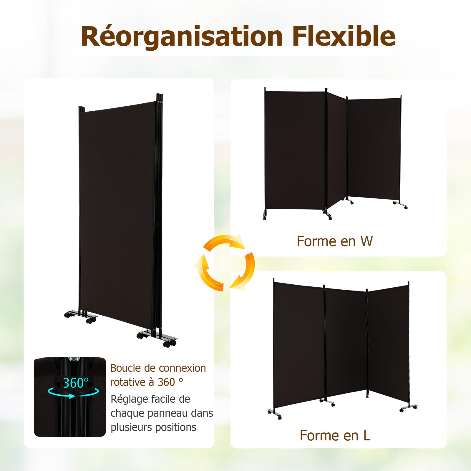 GIANTEX 262 x 180 cm - Paravent de séparation de pièce avec roulettes - en 3 Parties - Autonome - Pliable - Mur Espagnol - en Tissu - Fer - Protection privée pour Chambre à Coucher (Marron)