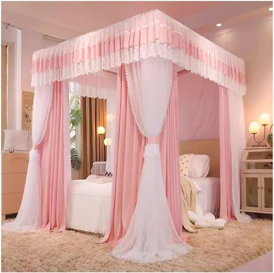 Bed Canopy Mosquito Net Decorative Bed Curtain for Girl's Princess Bedroom with Metal Support (Pink a)