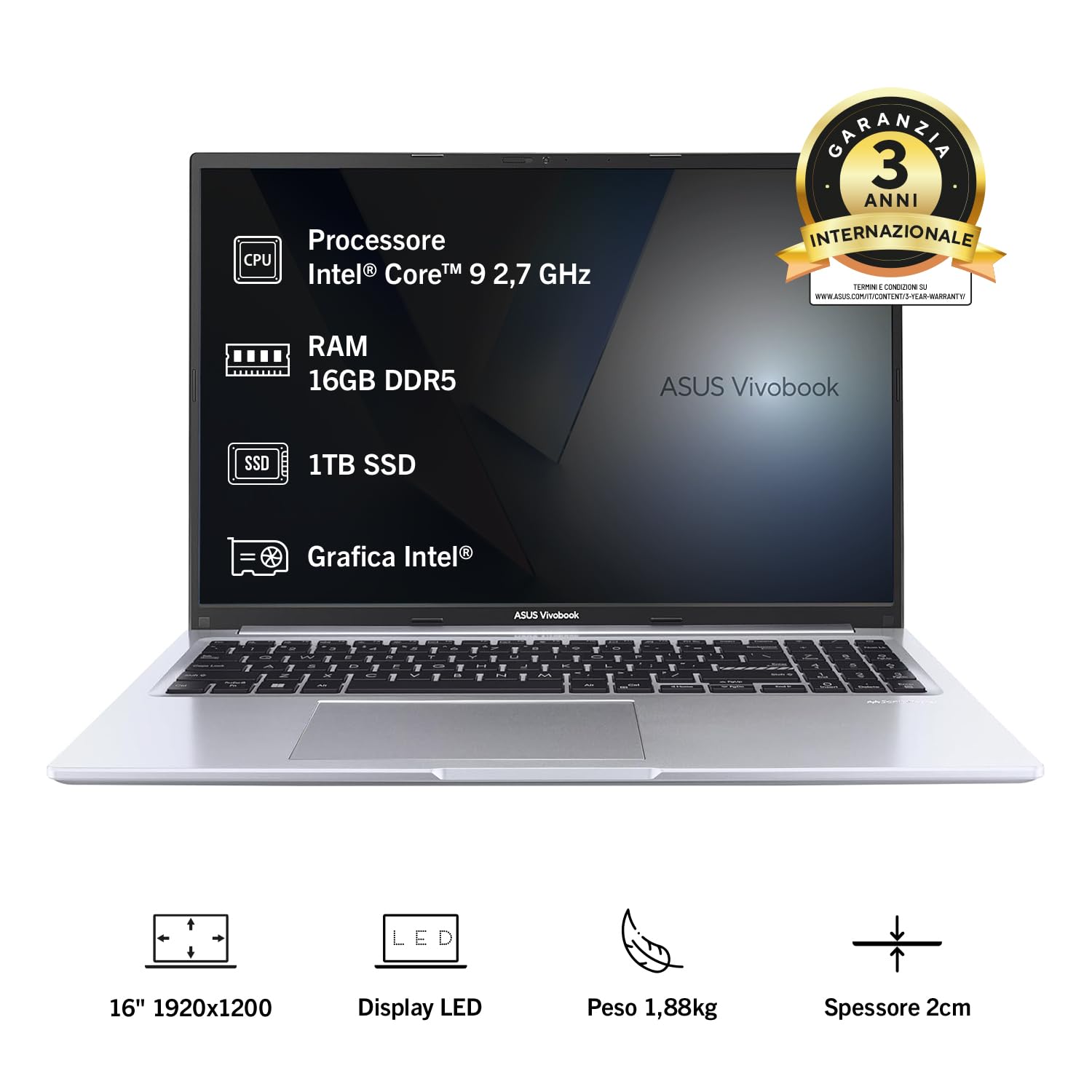 ASUS Vivobook 16 F1605VA Notebook 16" Anti-glare 60Hz Intel Core 9 270H 16GB RAM 1TB SSD WIN11 Home Argento