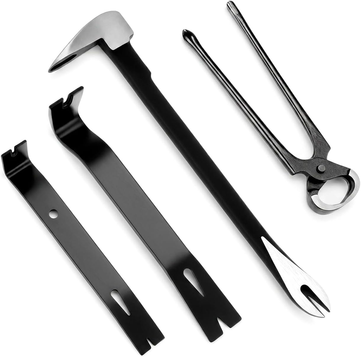 QWORK 4-Pieces Pry Bar Set -12-inch Utility Clow Pry Bar, 8-inch End Cutting Pliers, 7-inch & 9-inch Flat Crowbar, Heavy Duty Woodworking Tools for Scraping Prying Lifting