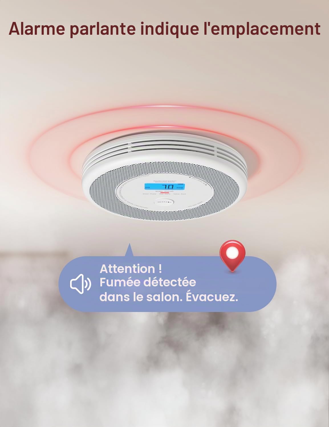 Détecteur de fumée et de monoxyde de carbone Wi-Fi X-Sense pour la maison avec alertes vocales en anglais, alarme vocale sans fil interconnectée nécessite une station de base SBS50, XP0A-MR, 1-Pack