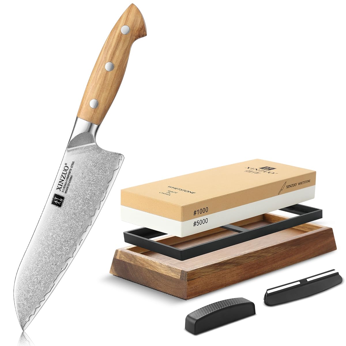 Couteau Santoku japonais XINZUO 18.5 cm pour cuisine avec pierre à affûter double grain 1000 5000