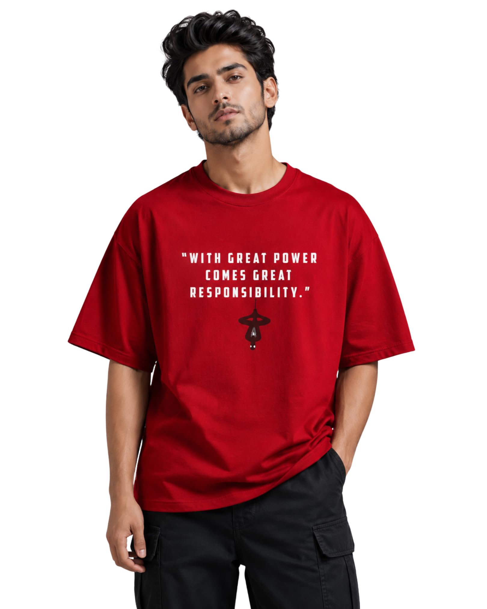 Spider Inspired Oversized T-Shirt for Men | 240 GSM Premium Heavyweight 100% Cotton | Graphic Printed Round Neck Half Sleeve Casual Streetwear Tee | Red-image-20