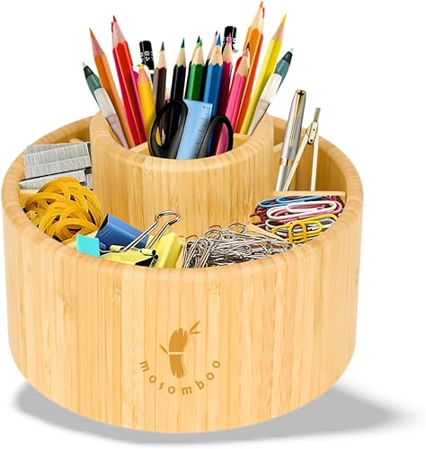 Miniatura 1 de Organizador de bambú para bolígrafos, organizador de escritorio redondo de bambú giratorio con 11 compartimentos, organizadores de suministros de