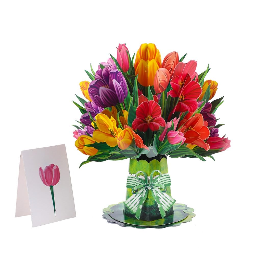 Pop Up Paper Flowers Greeting Card, 3D Tulip Bouquet, Birthday Gifts for Mum Grandma Girlfriend Daughter Girl Sister