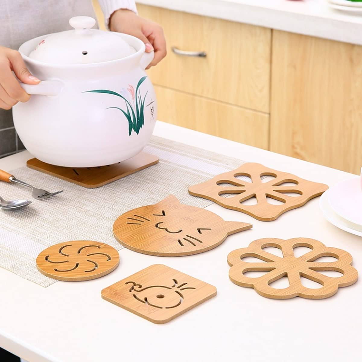 SHFTI Trivets for Hot Pots, Wooden Coaster, Natural Kitchen Wooden Trivet Mat Set Unique Drink Coaster Heat Resistant Pad for Pans, Plates, Dishes, Teapots (Small, Random Pattern) (Pack of 6 PCS) 2