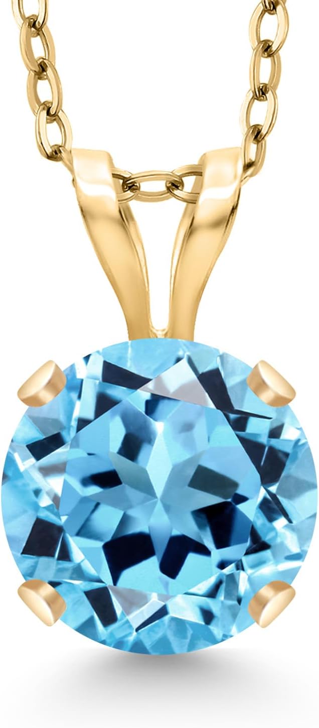Gem Stone King 14K Yellow Gold Swiss Blue Topaz Pendant Necklace for Women | 1.00 Cttw | Gemstone November Birthstone | Round 6MM | With 18 Inch Silver Chain