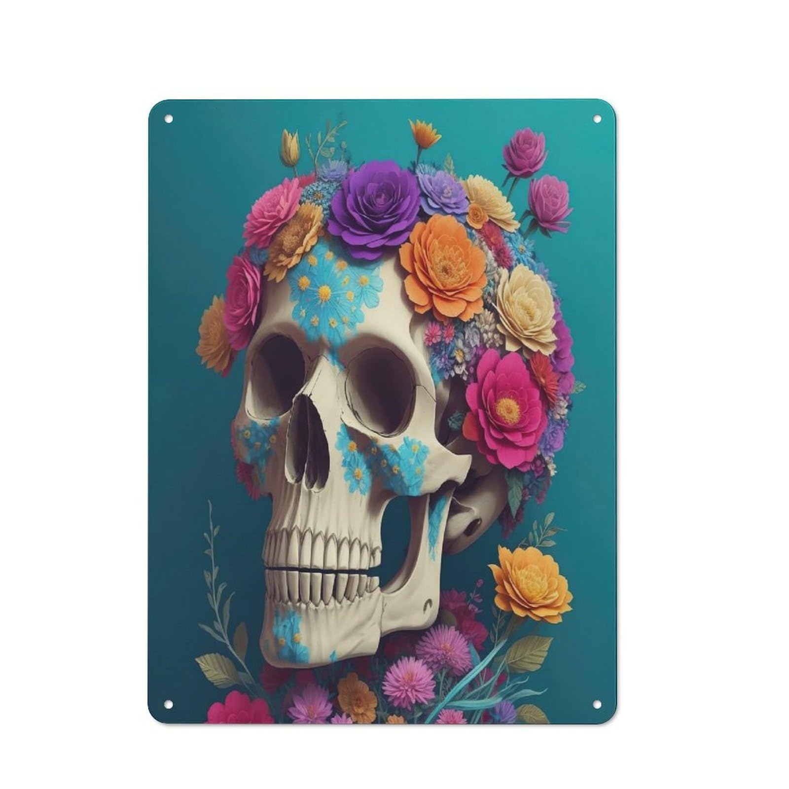 Junmoney Skull With Flowers 40X30cm Vintage Tin Sign With For Hobby Room Or Studio, For Winter Interiors And Metal Sign Collectors