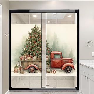 Merry Christmas Window Privacy Film Christmas Tree Red Truck European Classic Stained Glass Window Film Decorative Window Cling for Home Window&Glass Door, Sun Blocking 27.6Wx39.4L-inch x2 Pcs