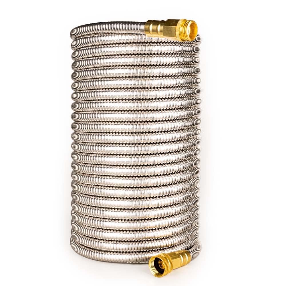 Manguera de jardín de acero inoxidable: metal duradero de calidad con salida de agua de alta presión para jardineros (50 pies)