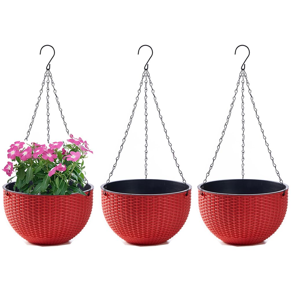 Lot de 3 Pots de Fleurs Suspendus avec Nchaînes en Acier Inoxydable Pot Suspendu Plante avec Réservoir d'eau et Trou de Drainage Intérieur Exterieur Balcon et Jardiniere Suspendue (Rouge, L)