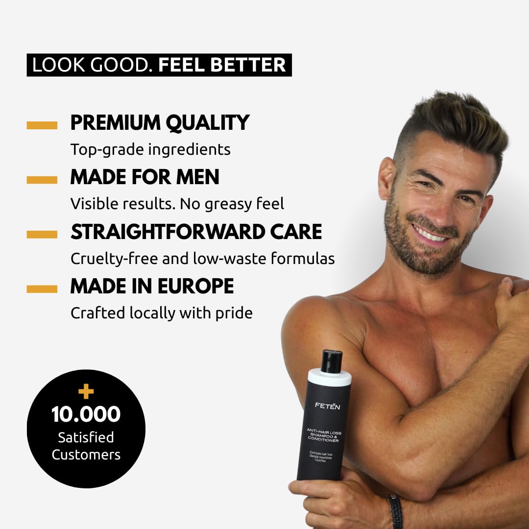 FETEN Zestaw Przeciw Wypadaniu Włosów dla Mężczyzn - Szampon i Odżywka 400 ml + Serum Spray 100 ml - Kuracja na Wypadanie Włosów - Wzrost, Objętość i Wzmocnienie - Anti Hair Loss