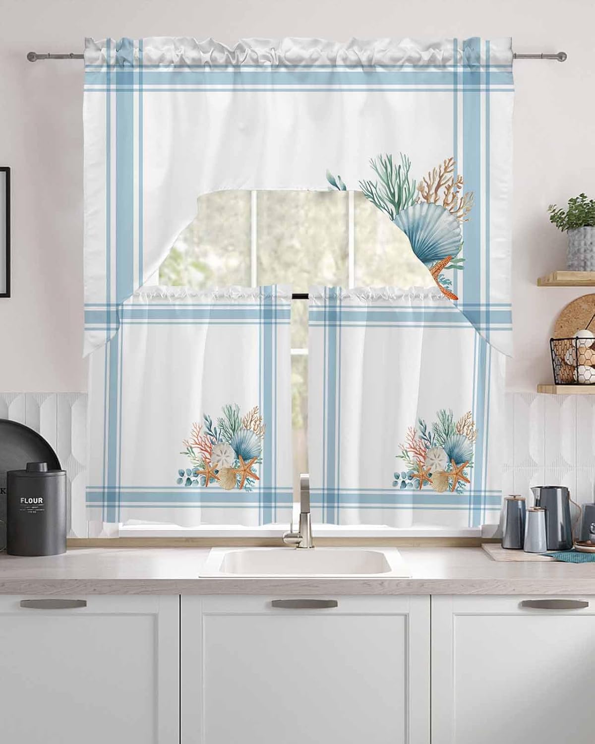 Aqua Coastal Swag Curtains Valance and Tier Set, Rod Pocket Curtain Drapes for Bedroom Bathroom Kitchen Curtains 3 Piece Set Nautical Seashells Coral Leaves Stripes Swag Valances and 36 inches Tiers