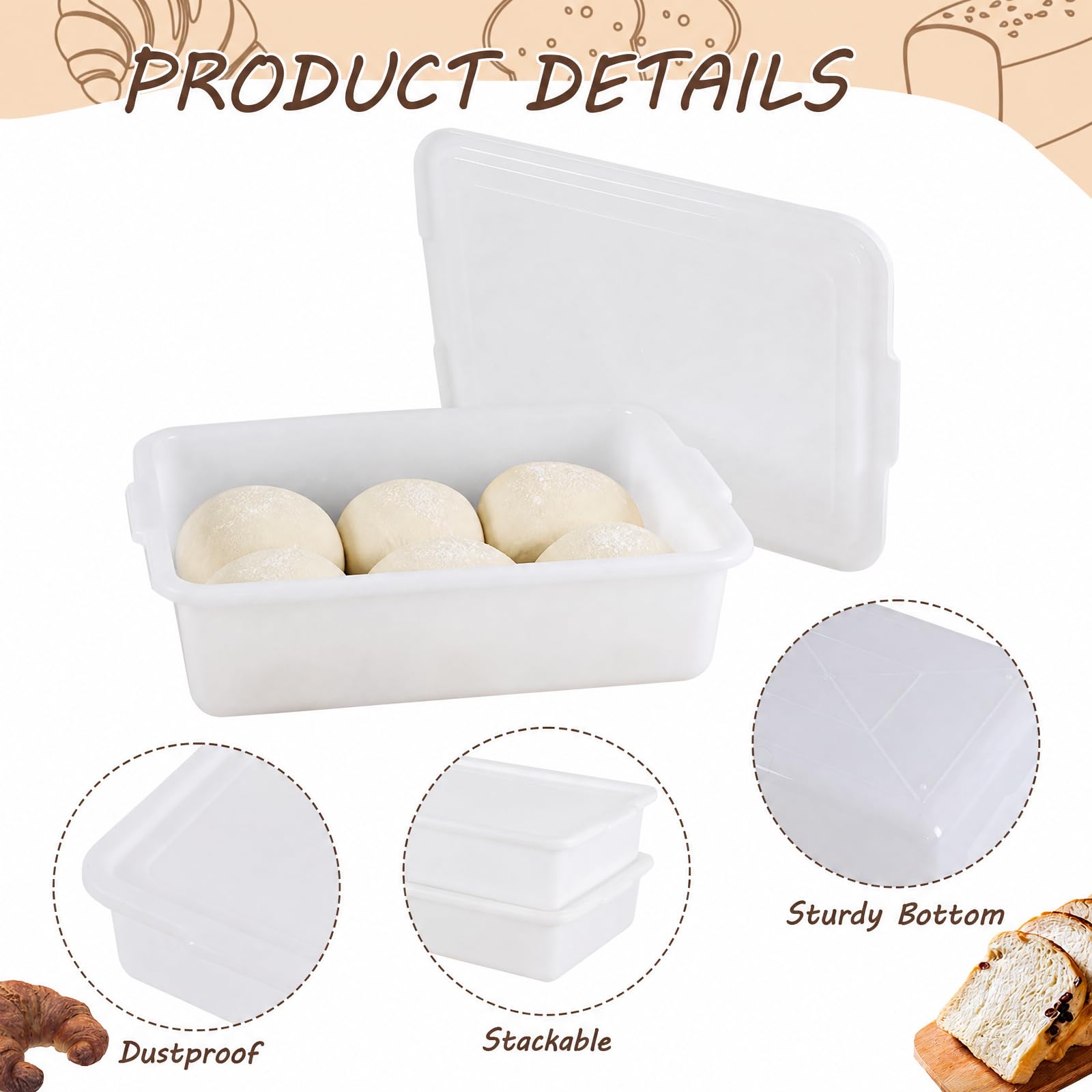 Lot de 3 boîtes de conservation empilables pour pâte à pizza avec couvercles, 13 L, blanc