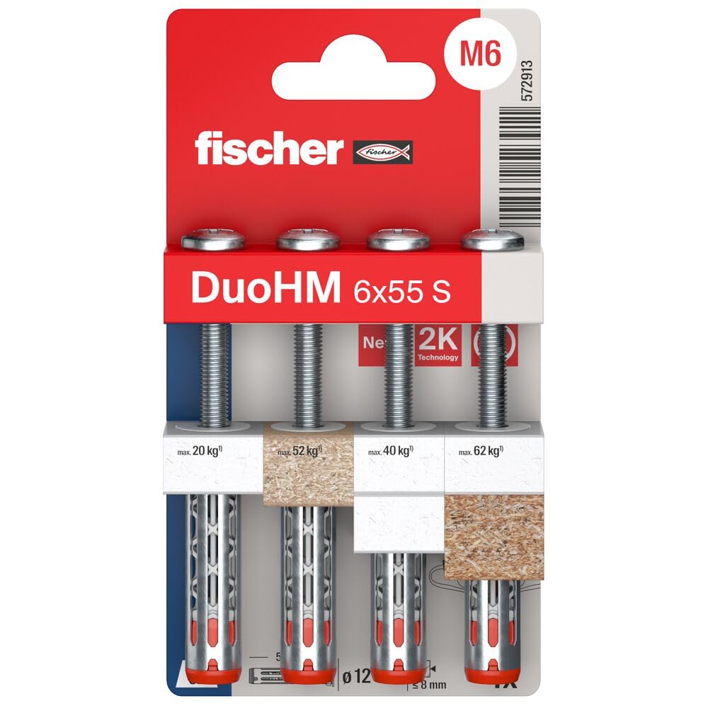Fischer DuoHM Tasselli 6x55 Mm - Per Fissaggio A Parete, Con Vite PZ, Per Staffe TV E Mensole - Foto 8
