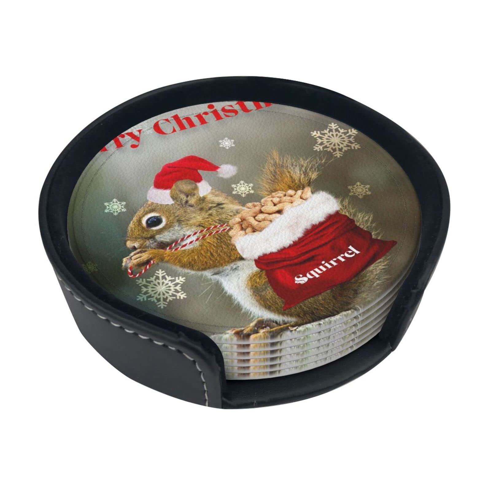 Coasters Set Of 6 Christmas Squirrel Print Leather Coasters For Drinks,Home Décor And Housewarming Gift