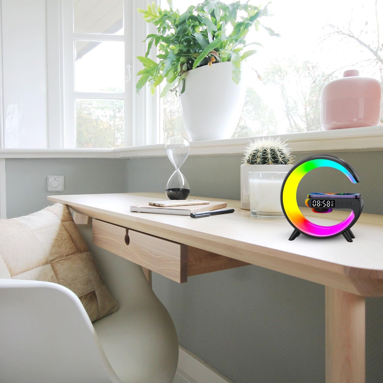 OrionMart Alarm Clock G Shaped Bedside Lamp Wireless Charger & Speaker - Color Changing Table Lamp Night Light - Premium Gift Idea - Image 2