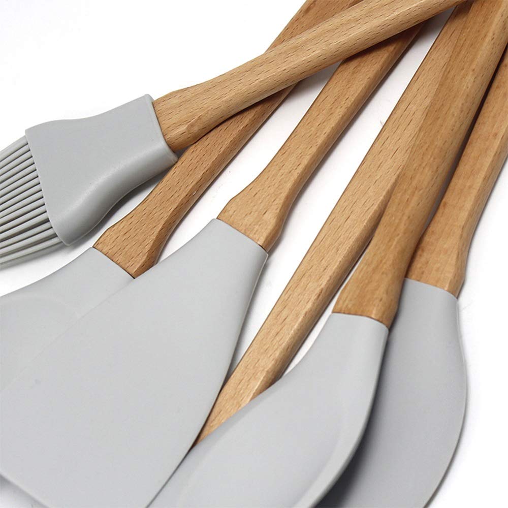 6 Stück/Set Utensilien Hellgrau Lebensmittelqualität Silikon Holzgriff Küche Kochwerkzeug Kochgeschirr Spatel Pfannenwender Schöpflöffel Küchengeschirr