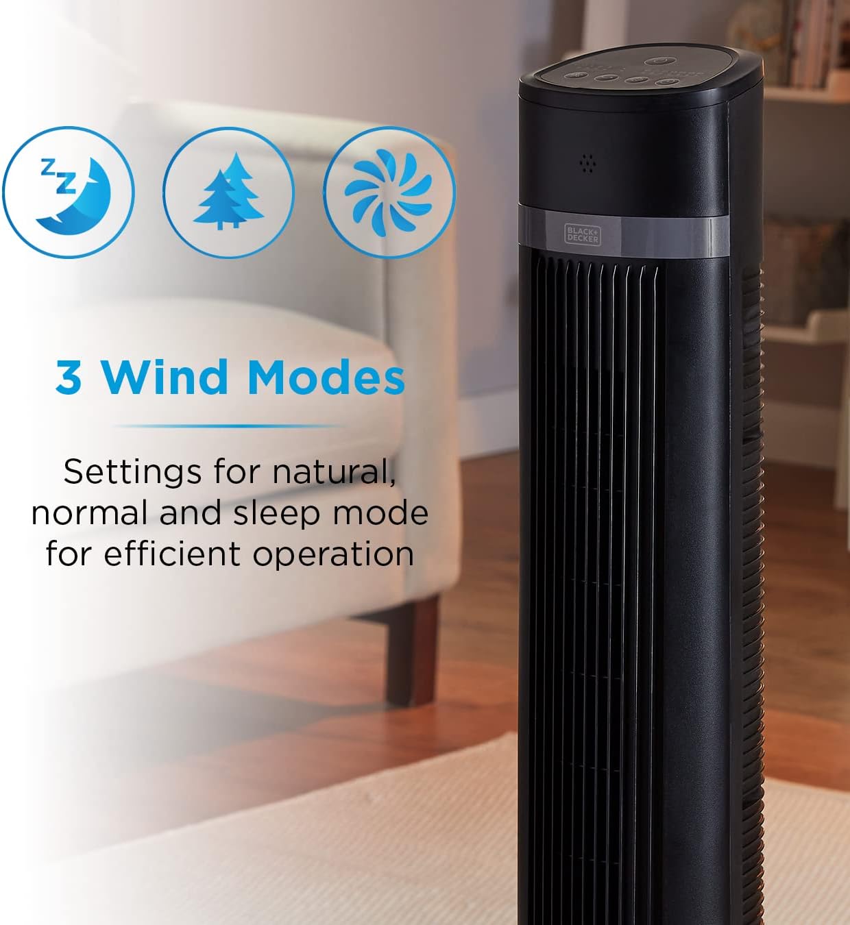 Tower fan with icons representing different wind modes
