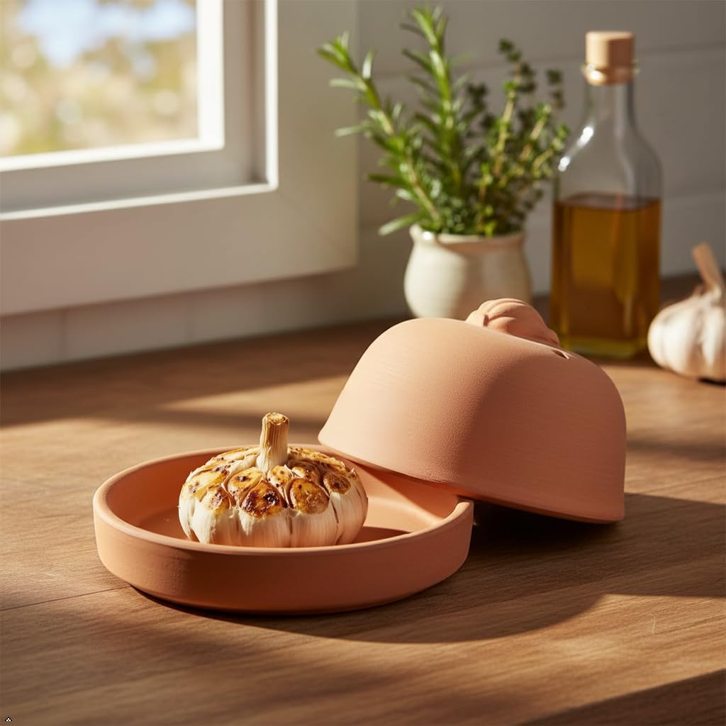 Eurita Terra Cotta Garlic Roaster with Lid and Steam Vent, Natural Clay Garlic Baker for Oven or Microwave Garlic Roasting Dish by Reston Lloyd