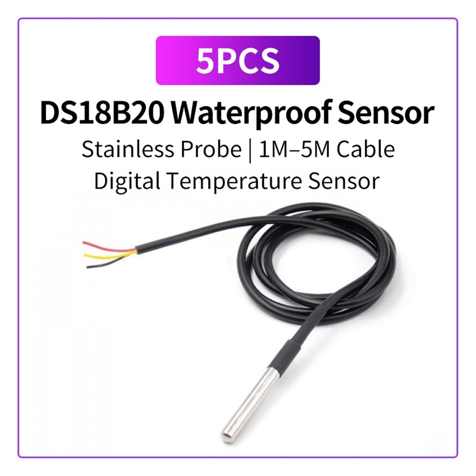 5 uds DS18B20 temperatura impermeable, Compatible con Arduino, sonda del Sensor Sensor de temperatura Digital de acero inoxidable 1M 2M 3M 5M Cable(5M)