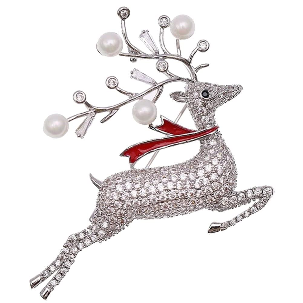 Casiler Silver Reindeer Brooch Pin Woman Christmas Rhinestone Elk-Shaped Brooch For Sweater Coat Evening Dress 1.57 * 1.77Inch