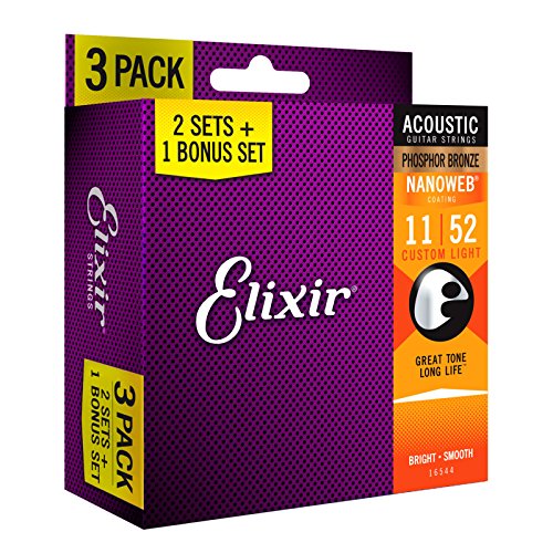 Elixir 16544 Nanoweb Bronze 11-52 Acoustic Guitar Strings 2 Sets Plus 1 Bonus Set