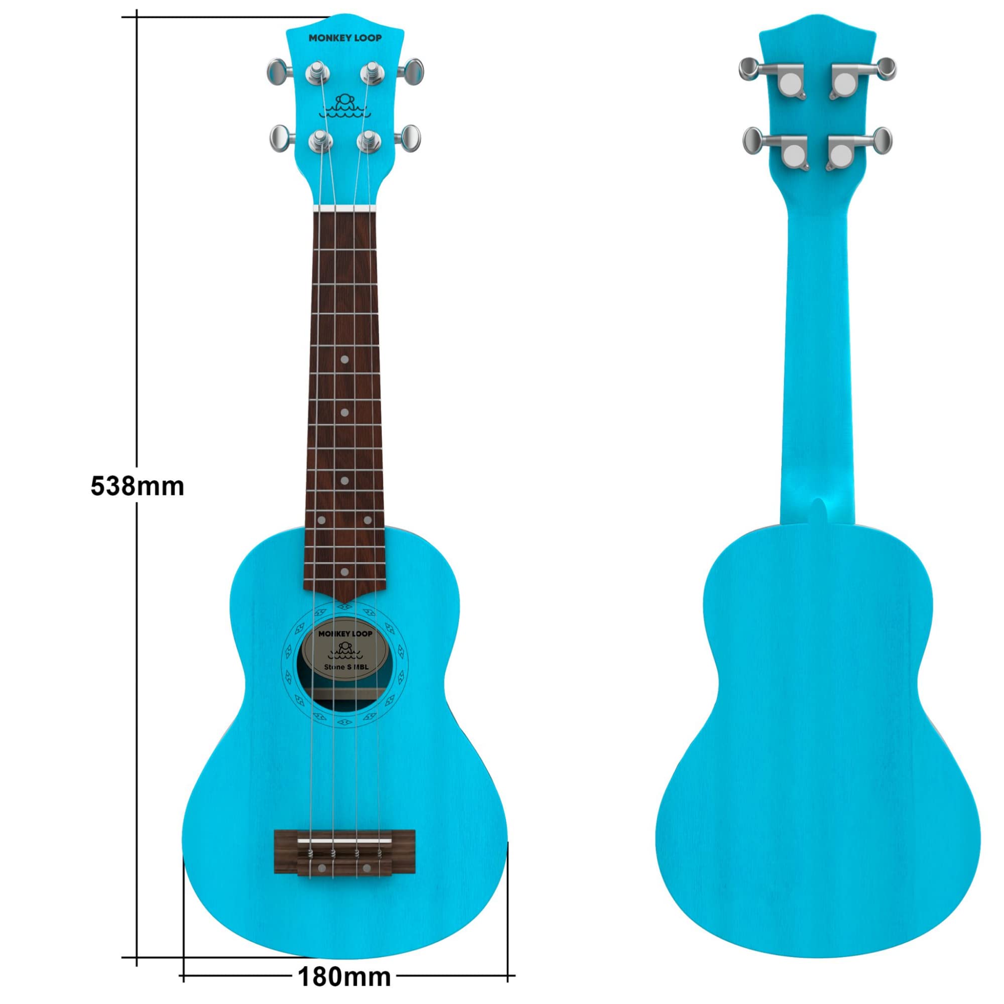 MONKEY LOOP Stone Blue - Ukulélé Soprano - Étui pour Ukulélé Inclus - Equipé de Cordes Aquila - Finition, Réglages et Accordages Surprenants - Bois de Sapelli - Couleur Bleu