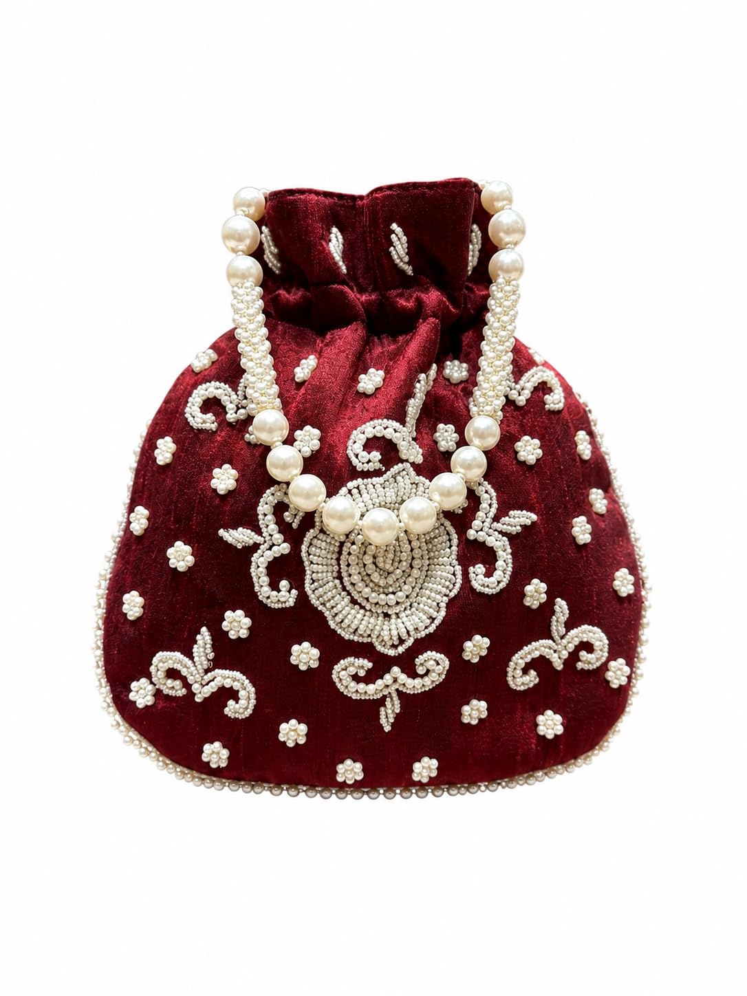 desi india Potli Bag, Maroon, Pearl Beaded Embroidery, Drawstring, Potli for Bridal and Festive Occasions-picture-48