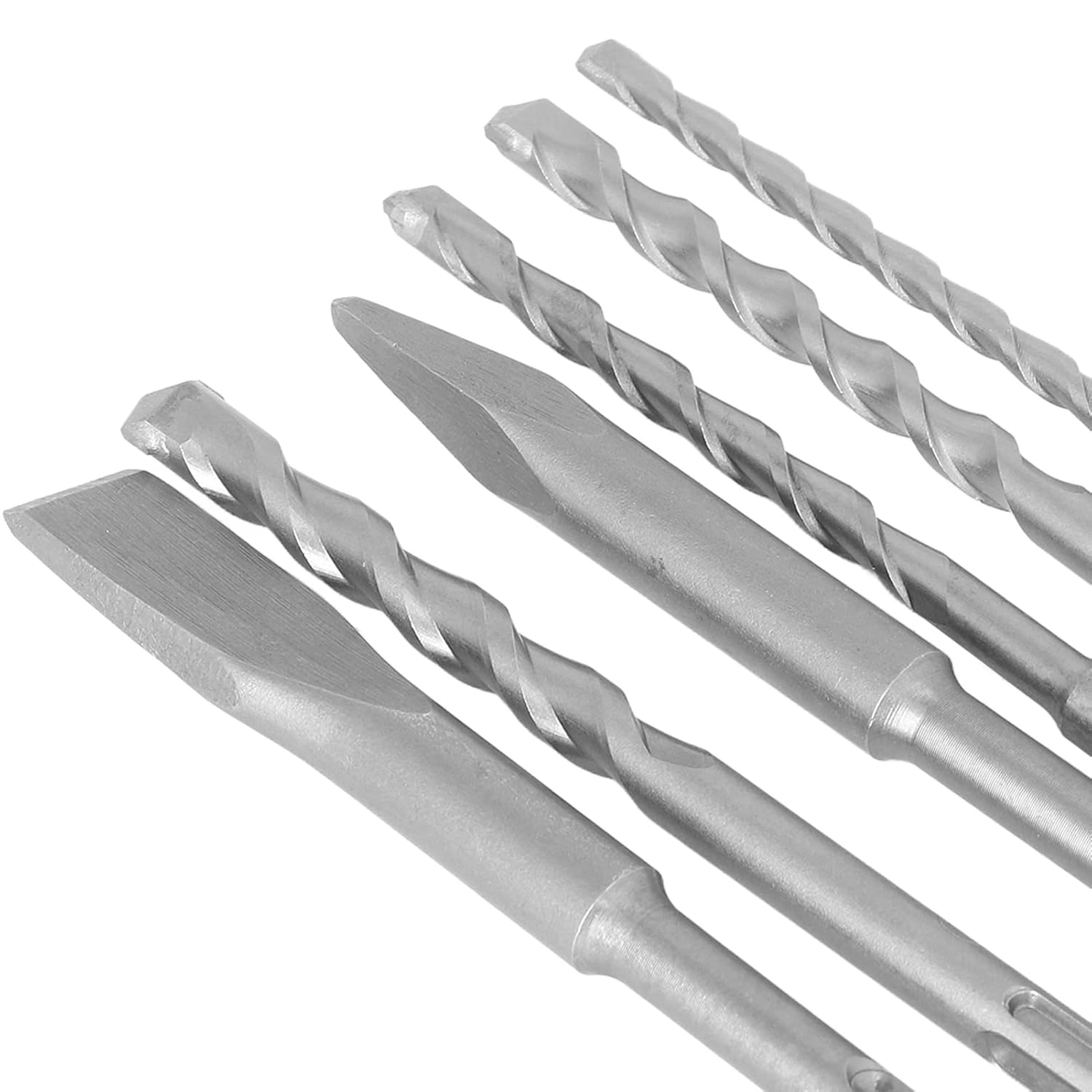6Pcs SDS Plus Rotary Hammer Drill Bits and Chisel Set, Cemented Carbide Masonry Drill Bit Sets and Point Chisel Flat Chisels for Concrete Stone Brick