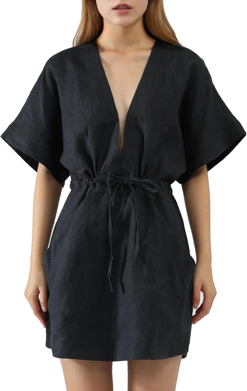 Women's Swimsuit Cover Up 100% Linen Robe for Women Beachwear Sleeveless V Neck Lounge Dress