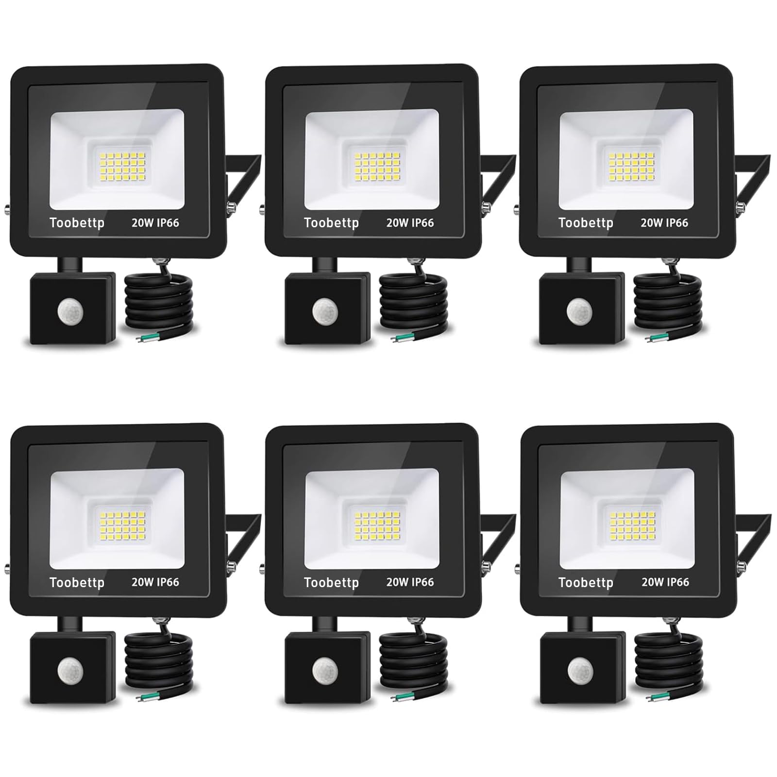LED Floodlight with Motion Sensor 20 W Warm White, 2000 LM Outdoor Spotlight 3500 K IP66 Waterproof for Garden, Garage, Patio, Factories, Stadiums, 6 Pieces