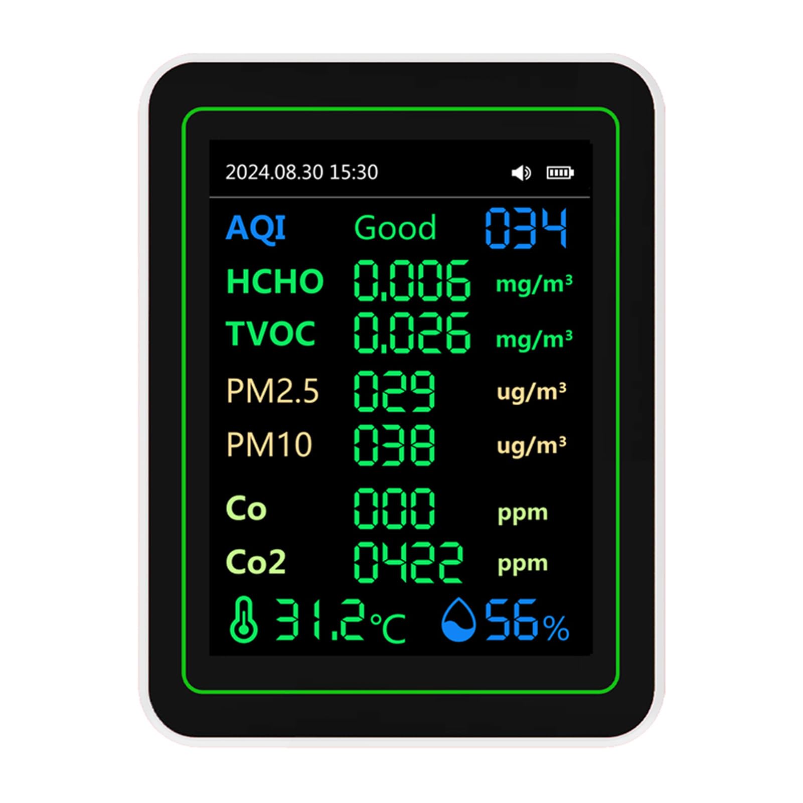 Jeffergarden Rilevatore di CO2 per Monitoraggio della qualità dell'aria con Rilevamento HCHO TVOC PM2.5 PM10 e Schermo TFT per Ufficio Domestico e Viaggi in Auto (WHITE)
