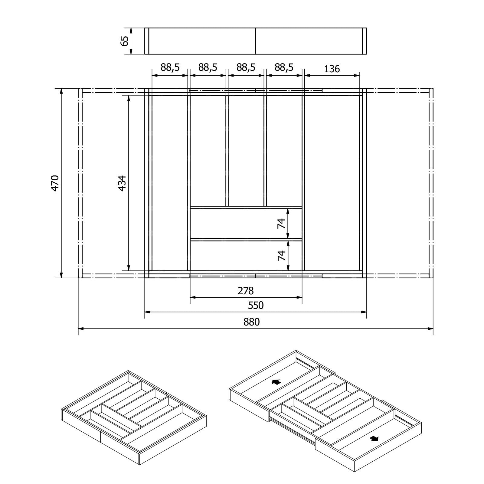 Orga-box UNIVERSAL Cubertero de bambú ajustable para anchura de armario 700-900 mm hasta 9 compartimentos para profundidad de cajón 473 mm