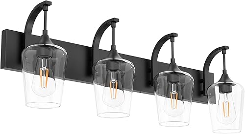 Miniatura 1 de Ralbay Lámpara de tocador de baño negra mate, 4 luces, luces de tocador negras industriales, vidrio transparente, vintage, Edison negro mate,
