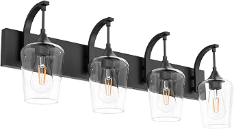 Ralbay Matte Black Bathroom Vanity Light 4-Lights Industrial Black Vanity Lights Clear Glass Vintage Edison Matte Black Wall Mount Light Fixtures for Bathroom