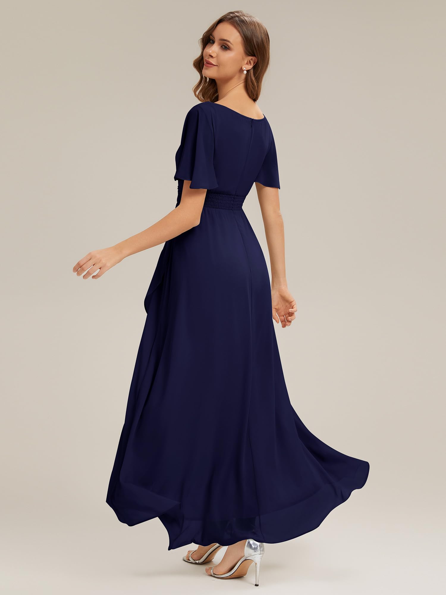 Ever-Pretty Abendkleider Chiffon Lang Brautjungfernkleider High Low Rundhalsausschnitt Rüschen Festliche Kleider ES02708
