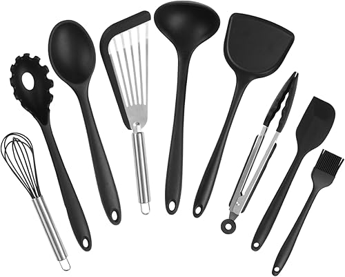 Juego de utensilios de cocina de silicona negra, juego de utensilios de cocina de 9 piezas, juego de espátulas antiadherentes, espátula resistente