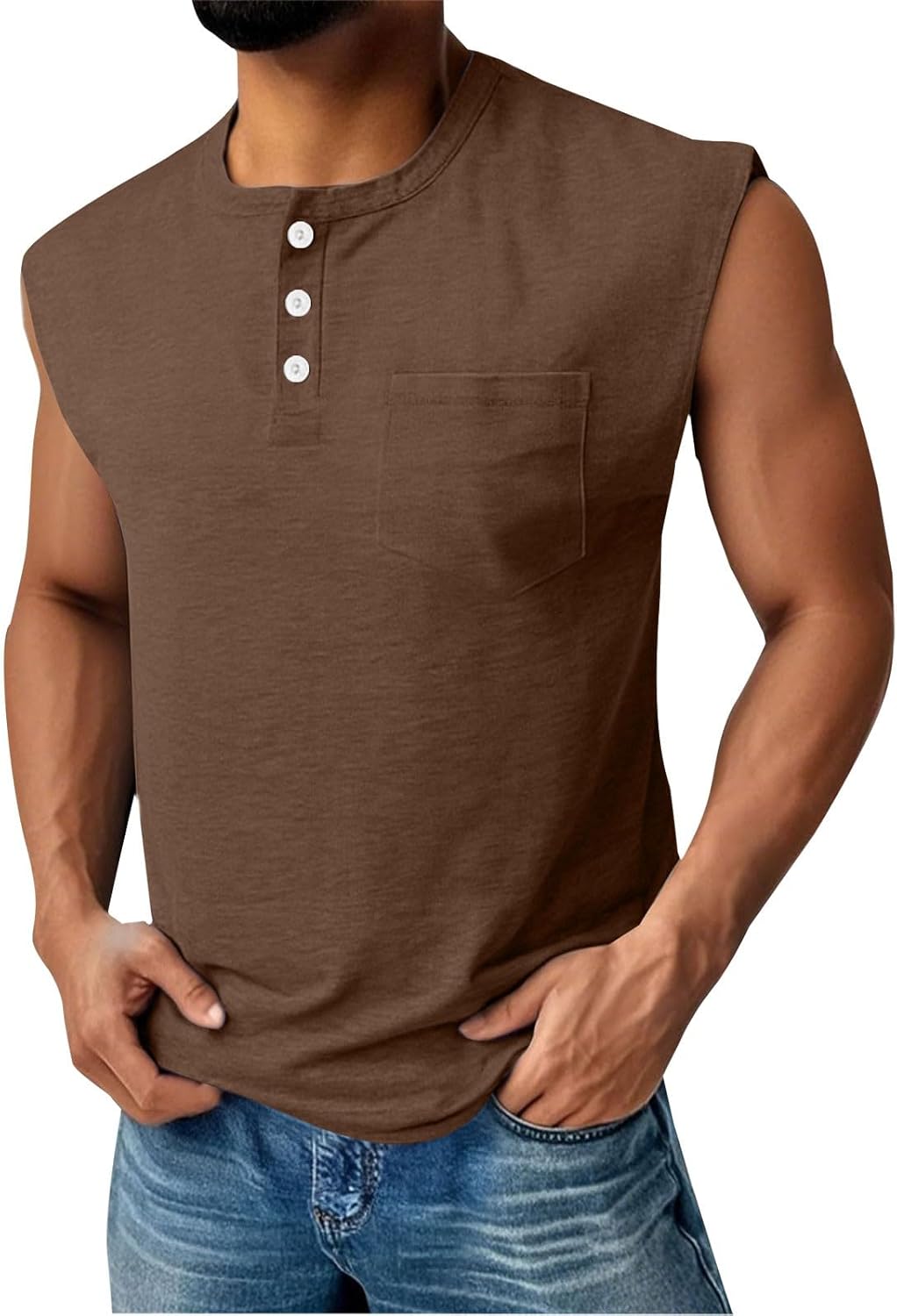 Men's Henley Pocket Tank Top – Casual Muscle Tank with Button Placket & Pocket for Summer & Gym
