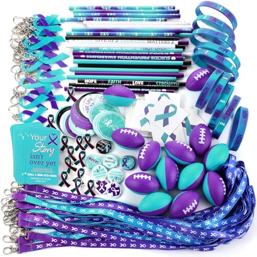 Hollowfly 200 Pcs Suicide Prevention Awareness Assorted Items Teal Purple Ribbon Supplies Includes Ribbon Awareness Silicone Wristbands Key Chains Pencils Cutouts Lanyards Button Pins Rugby Stickers