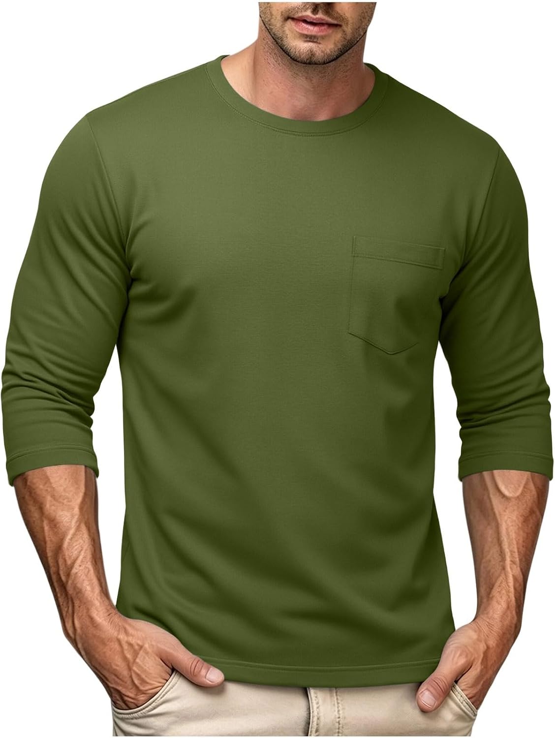 3/4 Length Sleeve Crew Neck T Shirt for Men Fall Athletic Basic Tees